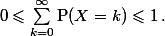 0\leqslant\sum_{k=0}^\infty \text{P}(X=k)\leqslant 1\,.